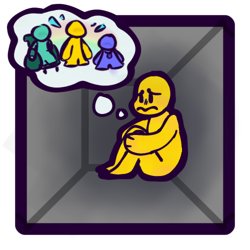 A drawing of a simple yellow person sitting in a grey room with an upset expression. A dark aura seems to emanate off of them as they imagine themself with two other featureless people.